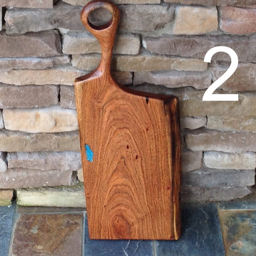 Beautiful Mesquite charcuterie board with hand carfed long handle Michael's Woodcrafts