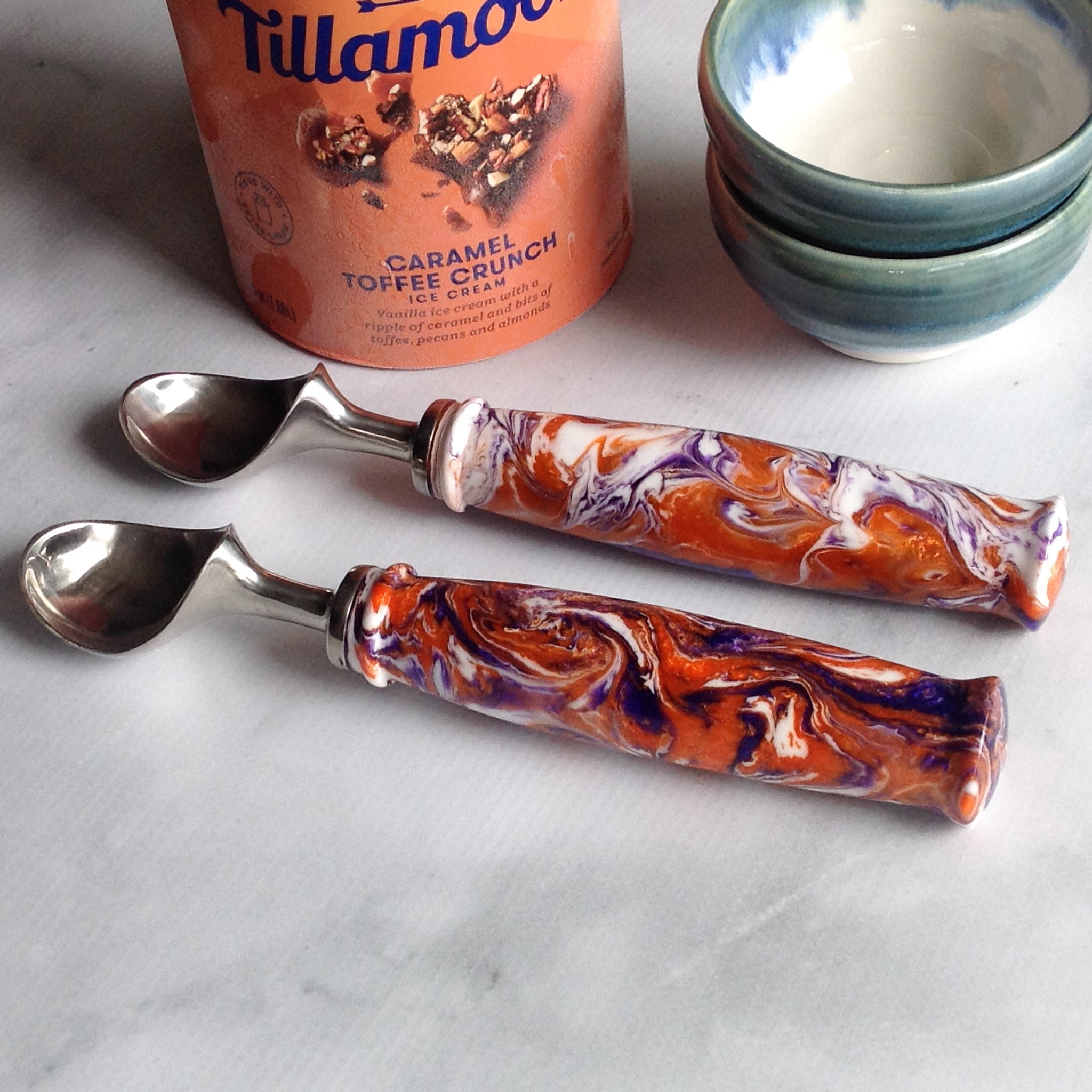 Handcrafted ice cream scoop, Clemson ice cream scoop. Orange, white and purple handle stainless steel hardware Michael's Woodcrafts