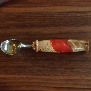 Handcrafted ice cream scoops with maple burl and blue color resin handle, stainless steel hardware  by Michael's Woodcrafts Greenville SC woodworkers woodworking