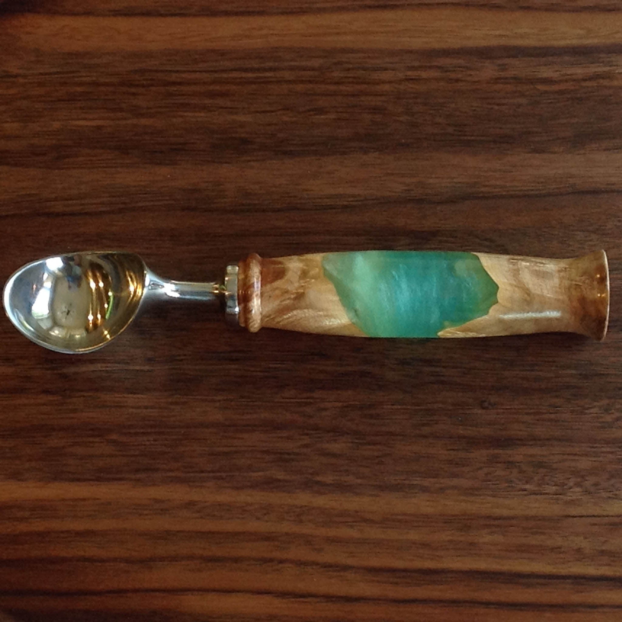 Handcrafted ice cream scoops with maple burl and blue color resin handle, stainless steel hardware  by Michael's Woodcrafts Greenville SC woodworkers woodworking