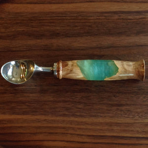 Handcrafted ice cream scoops with maple burl and blue color resin handle, stainless steel hardware  by Michael's Woodcrafts Greenville SC woodworkers woodworking