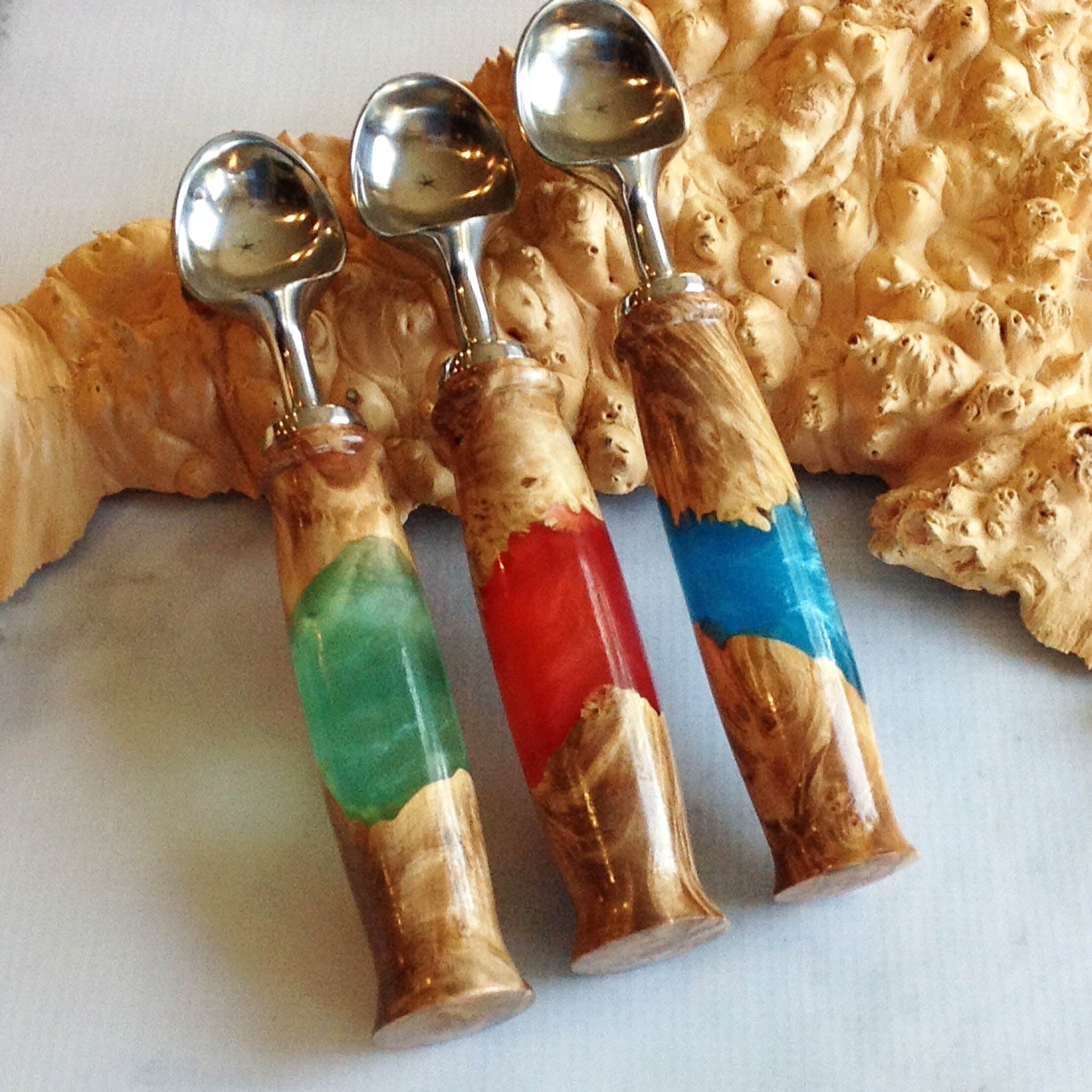 handcrafted Maple Burl and resin handle ice cream scoops with stainless steel hardware by Michael's Woodcrafts
