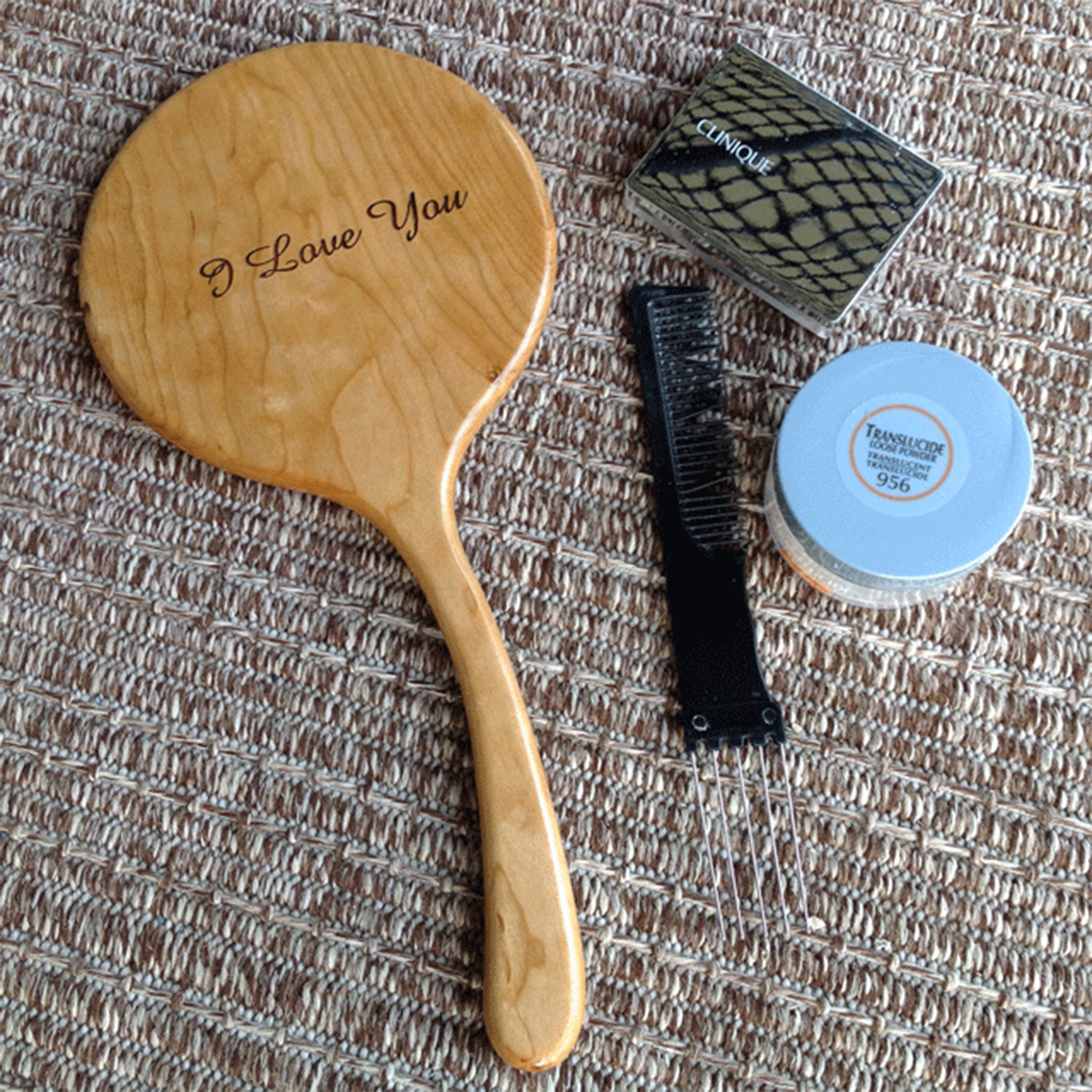 Cherry wood vanity hand held mirror - hand mirror engraved I Love You in script