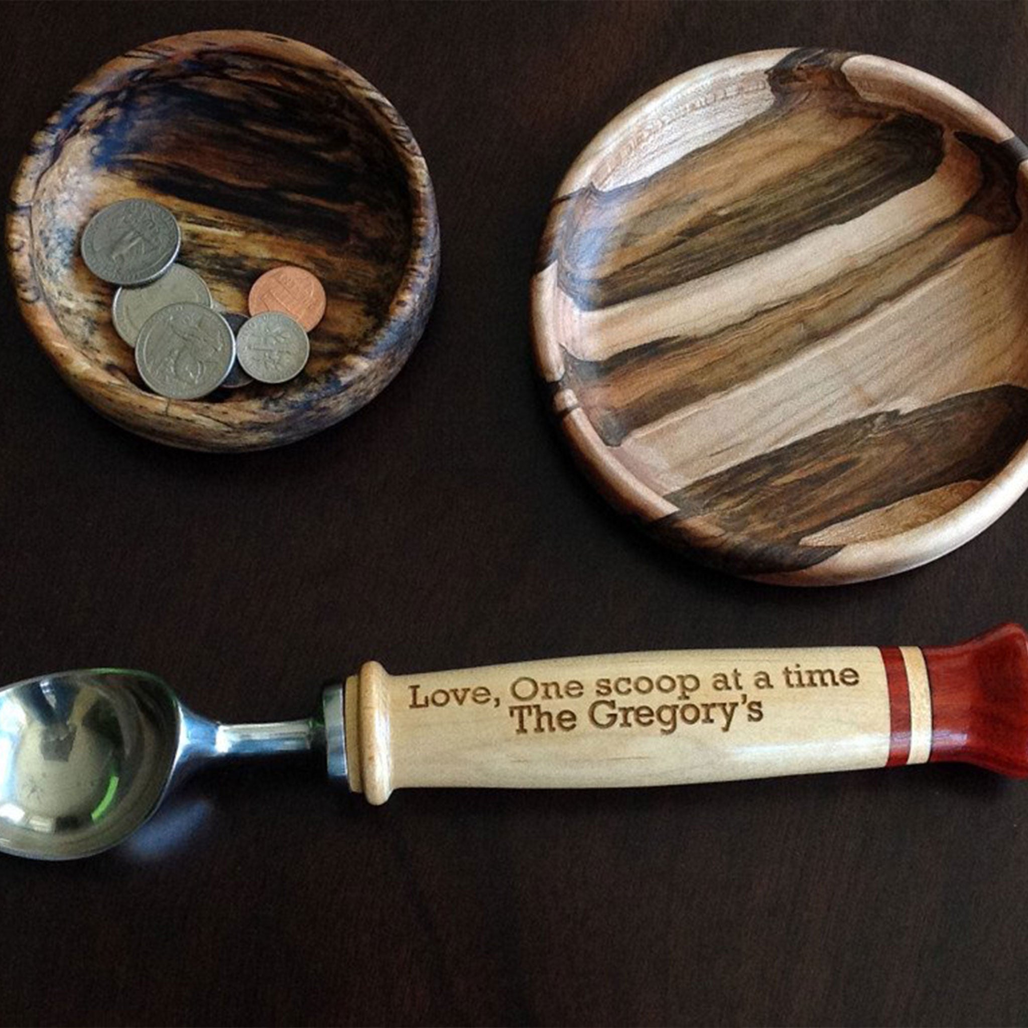 handcrafted ice cream scoop with stainless steel hardware  by Michael's Woodcrafts Greenville SC woodworkers woodworking