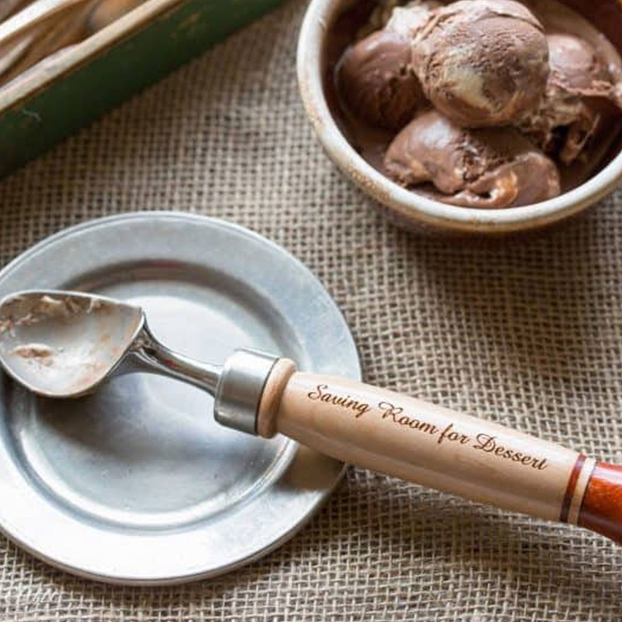 Maple and padauk wood handle with heavy duty stainless steel hardware, handle engraved in script Saving Room for Dessert chocolate ice cream  by Michael's Woodcrafts Greenville SC woodworkers woodworking