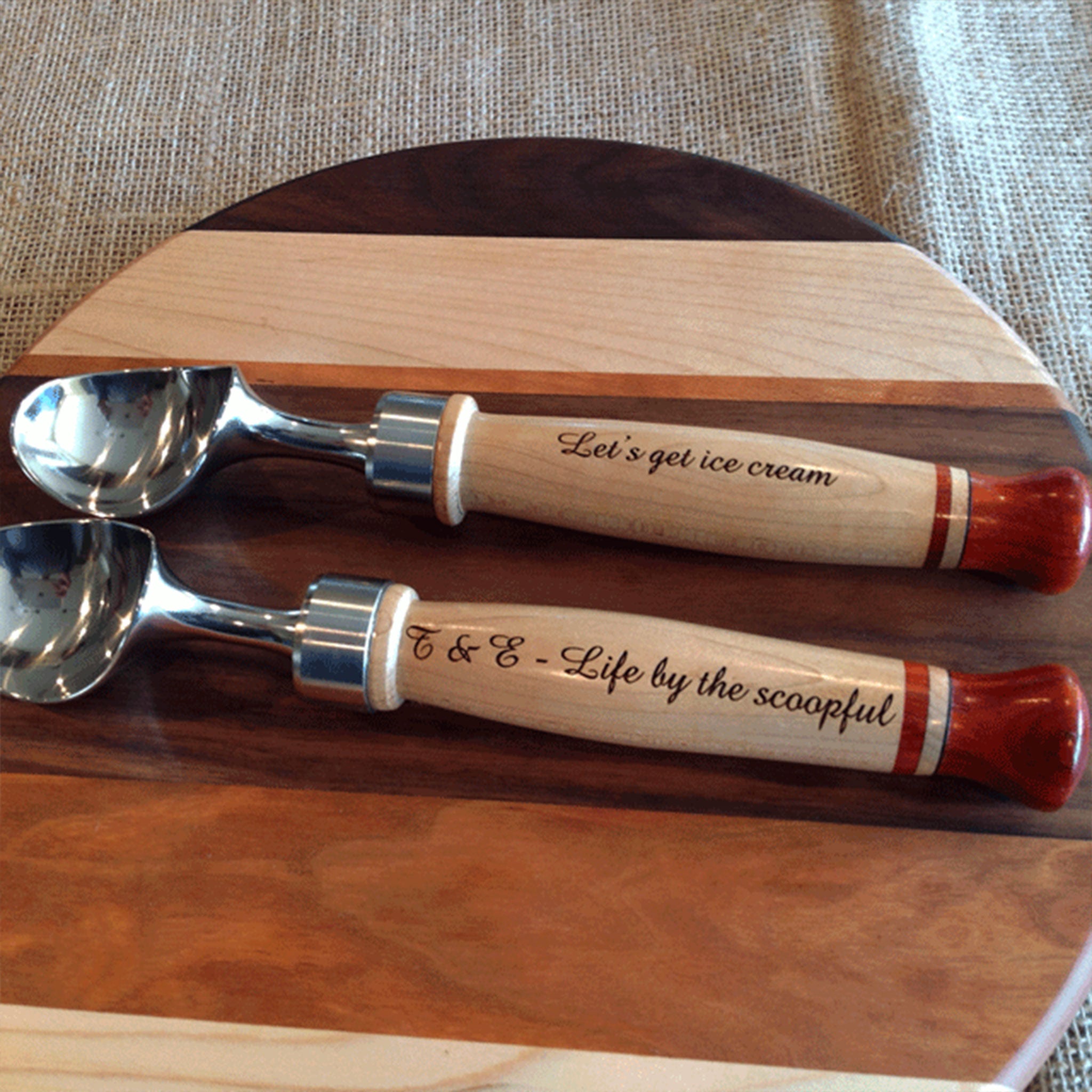 Two handcrafted ice cream scoops with heavy duty stainless steel hardware  by Michael's Woodcrafts Greenville SC woodworkers woodworking