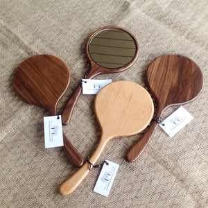 Walnut and cherry wood long handle hand mirrors - vanity hand held mirror