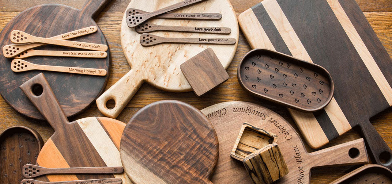 Michaels woodcrafts cutting boards, trays, honey sticks