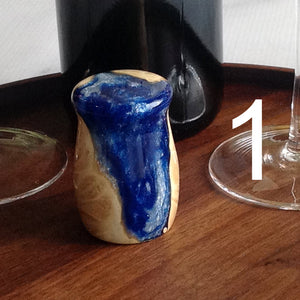 Maple Burl and blue metallic resin recessed wine bottle stopper by Michael's Woodcrafts