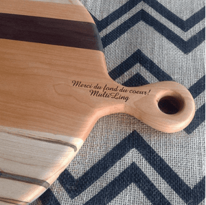 Personalized engraved handle round charcuterie board Michael's Woodcrafts Greenville SC woodworkers woodworking artist