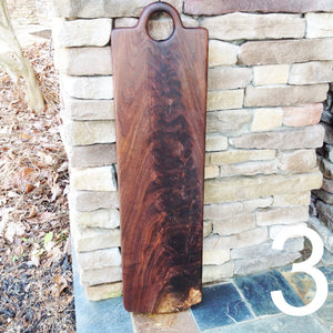 Figured Crotch Walnut Charcuterie board serving board by Michael's Woodcrafts Greenville SC