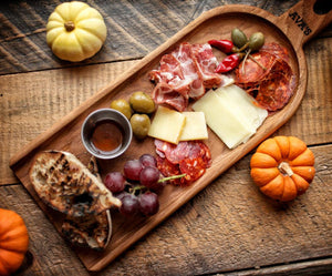 charcuterie food board with meats cheeses fruit