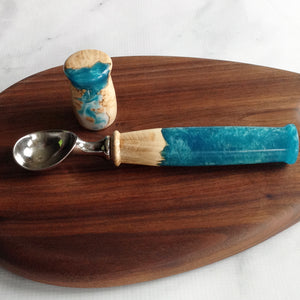 Maple burl and bora bora blue resin ice cream scoop and wine stopper  by Michael's Woodcrafts Greenville SC woodworkers woodworking