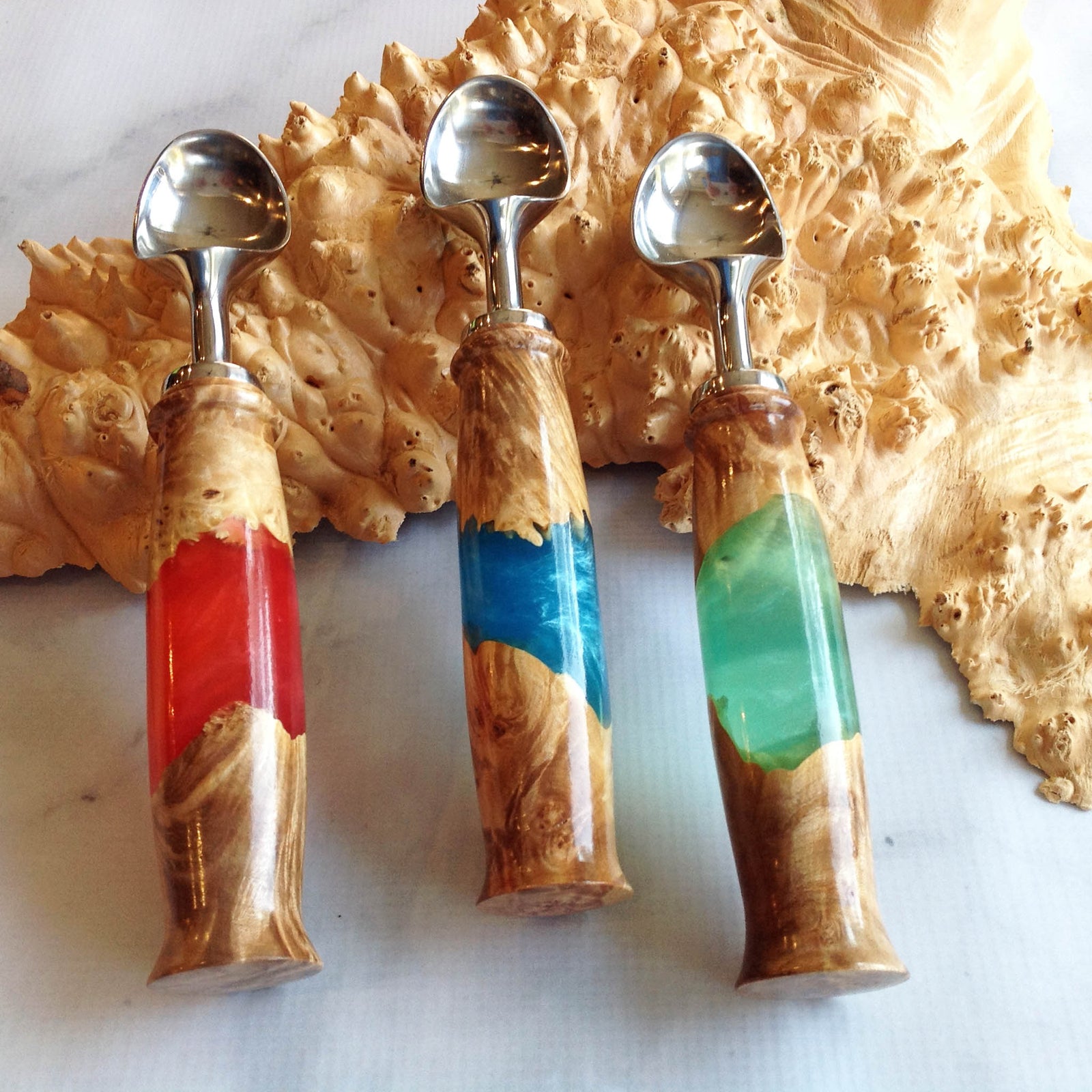 Maple Burl and color resin Ice Cream scoops with stainless steel hardware  by Michael's Woodcrafts Greenville SC woodworkers woodworking
