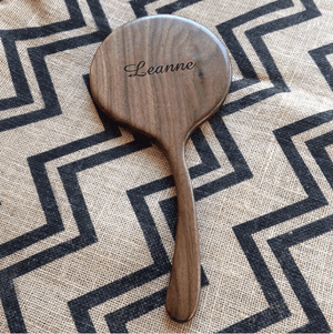 personalized engraved walnut handcrafted hand mirror by Michael's Woodcrafts Greenville SC woodworkers woodworking artist