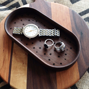 Walnut wood 4 x 8 inch catchall tray with stars engraved on the bottom by Michael's Woodcrafts Greenville SC woodworker Woodworking artist