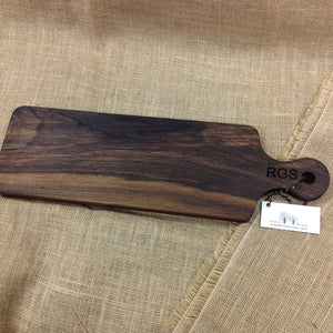 Black walnut farmers bread board with personalized engraving on handle with capital letters