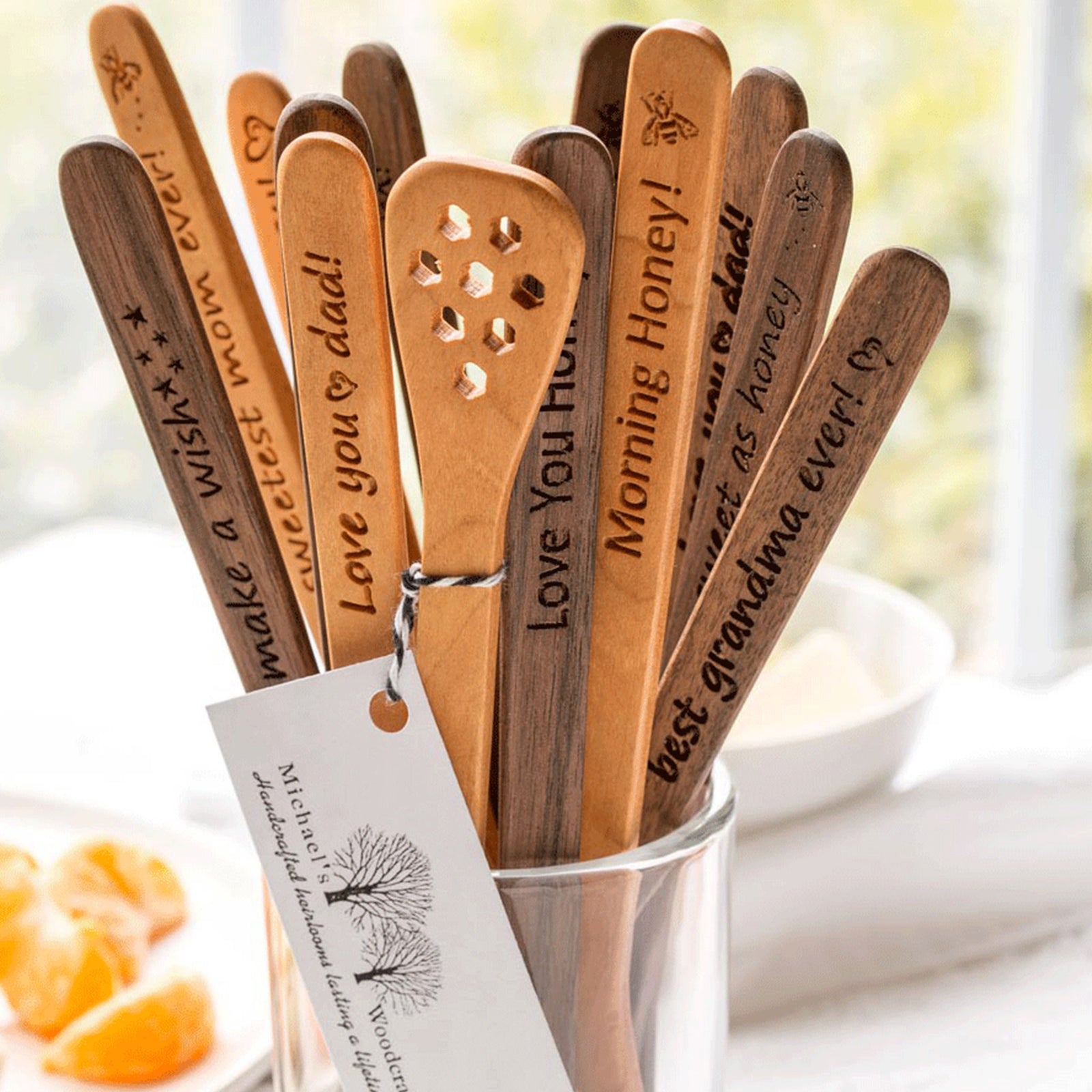 Cherry and walnut wood engraved honey dipper sticks  by Michael's Woodcrafts Greenville SC woodworkers woodworking