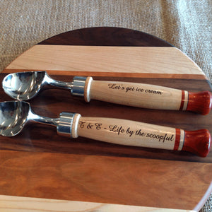 Two handcrafted ice cream scoops with heavy duty stainless steel hardware  by Michael's Woodcrafts Greenville SC woodworkers woodworking