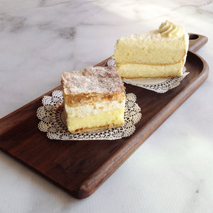 french desserts served on a walnut food presentation board by Michael's Woodcrafts Greenville SC woodworkers woodworking artist