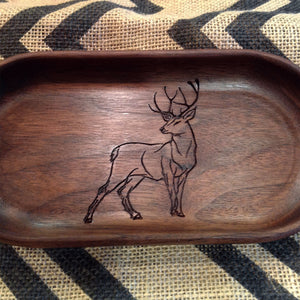 handcrafted Walnut catchall tray with buck deer engraved on the bottom  by Michael's Woodcrafts Greenville SC woodworker Woodworking artist woodworkers