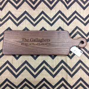 Walnut bread board with personalized engraving family name and longitude and latitude  by Michael's Woodcrafts Greenville SC woodworkers woodworking